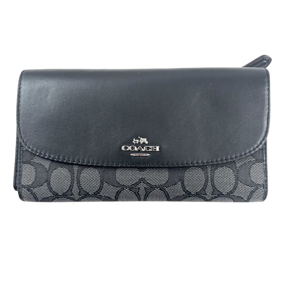 Coach Handbags - Coach Black Gray Signature Snap Large Trifold Wallet Checkbook Leather Trim NWOT